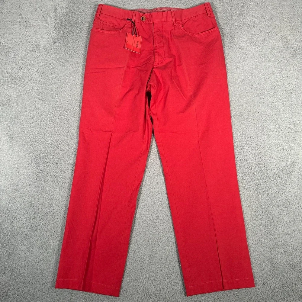 Isaia Napoli Pants Mens 54R 35x31 Red Cotton Casual Flat Front Chino Trousers